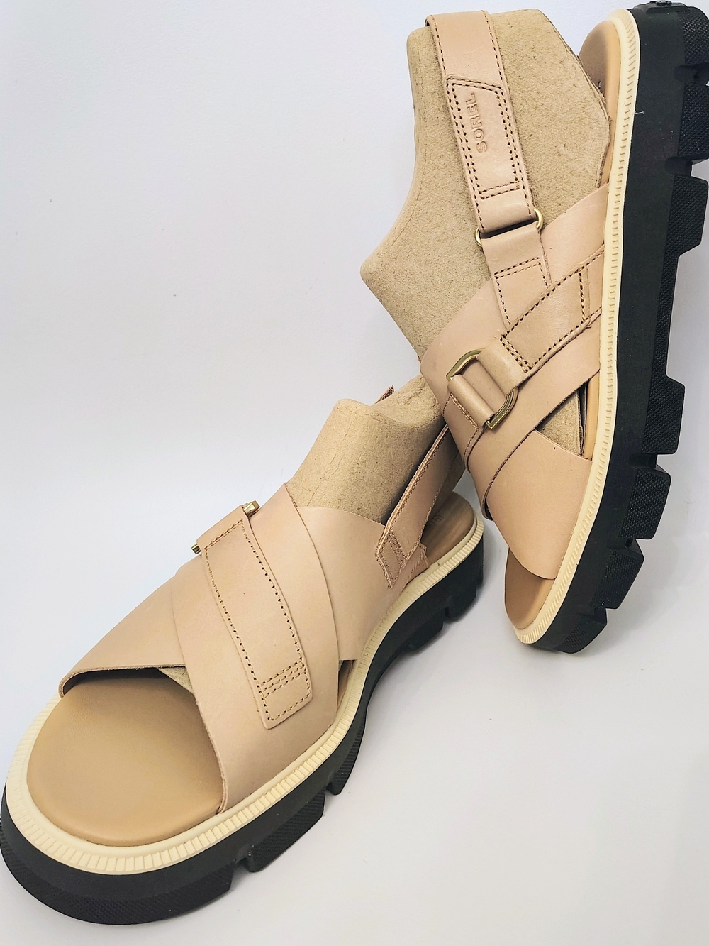 NEW Sorel Rein CB Crisscross Leather Sandal Chunky Slingback Beige Comfort 9.5